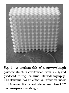 Text Box:  
Fig. 1.  A uniform slab of a subwavelength periodic structure constructed from Al2O3 and produced using ceramic stereolithography.  The structure has an effective refractive index of 1.8 when the periodicity is less than 1/5th the free-space wavelength.  
